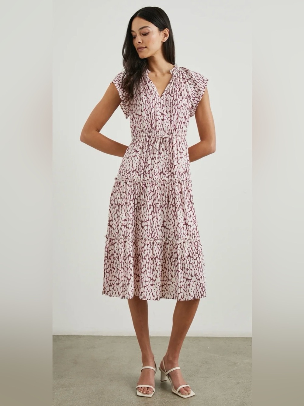 Rails Ruffle Flutter Sleeve Midi Juni Dress Pink Static Leopard Size Small